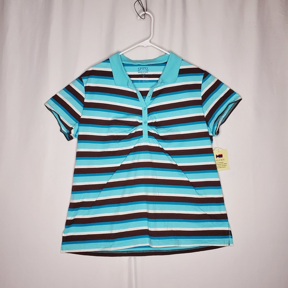 Bugle Boy For Her Polo Shirt Misses 3X Blue Stripe‎ Short Sleeve V-Neck Prep 90s